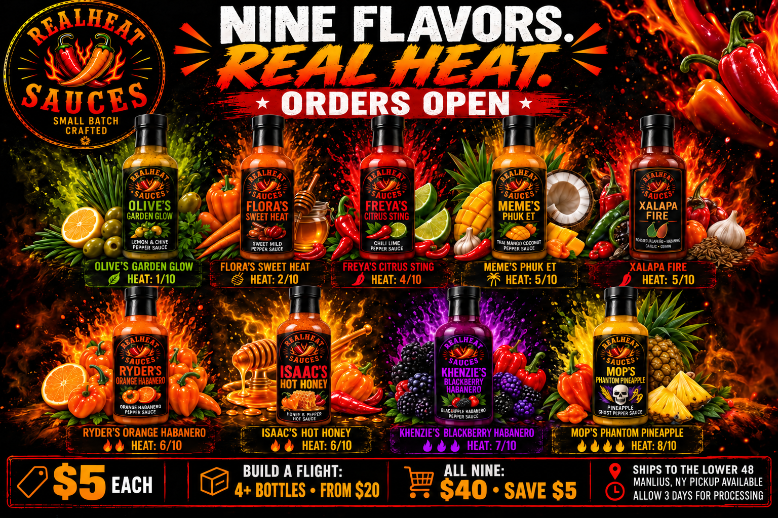 All nine RealHeat hot sauce bottles and their labels